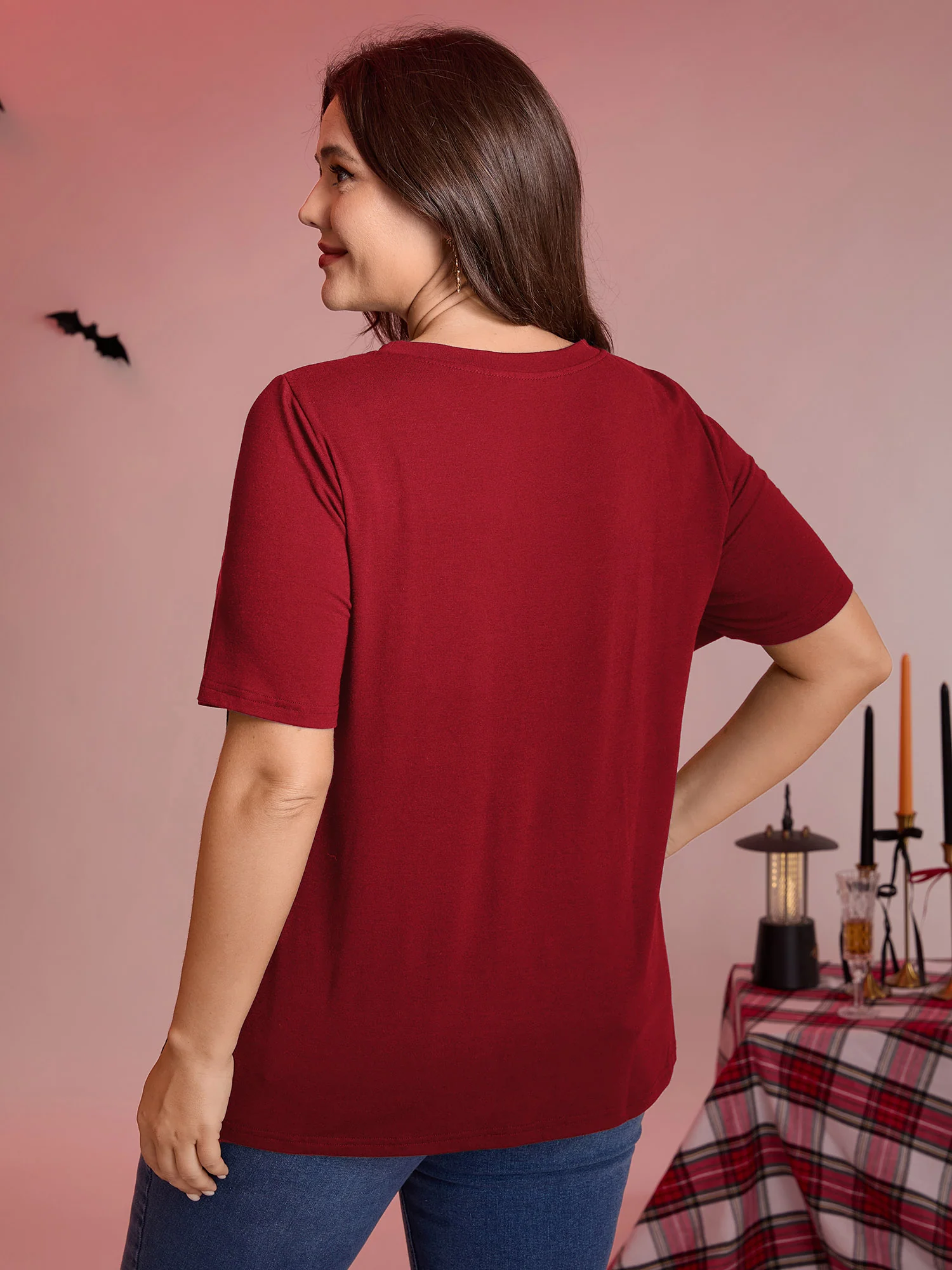 Bat Neck Cut-Out Stretchy Embroidered T-Shirt - Image 10