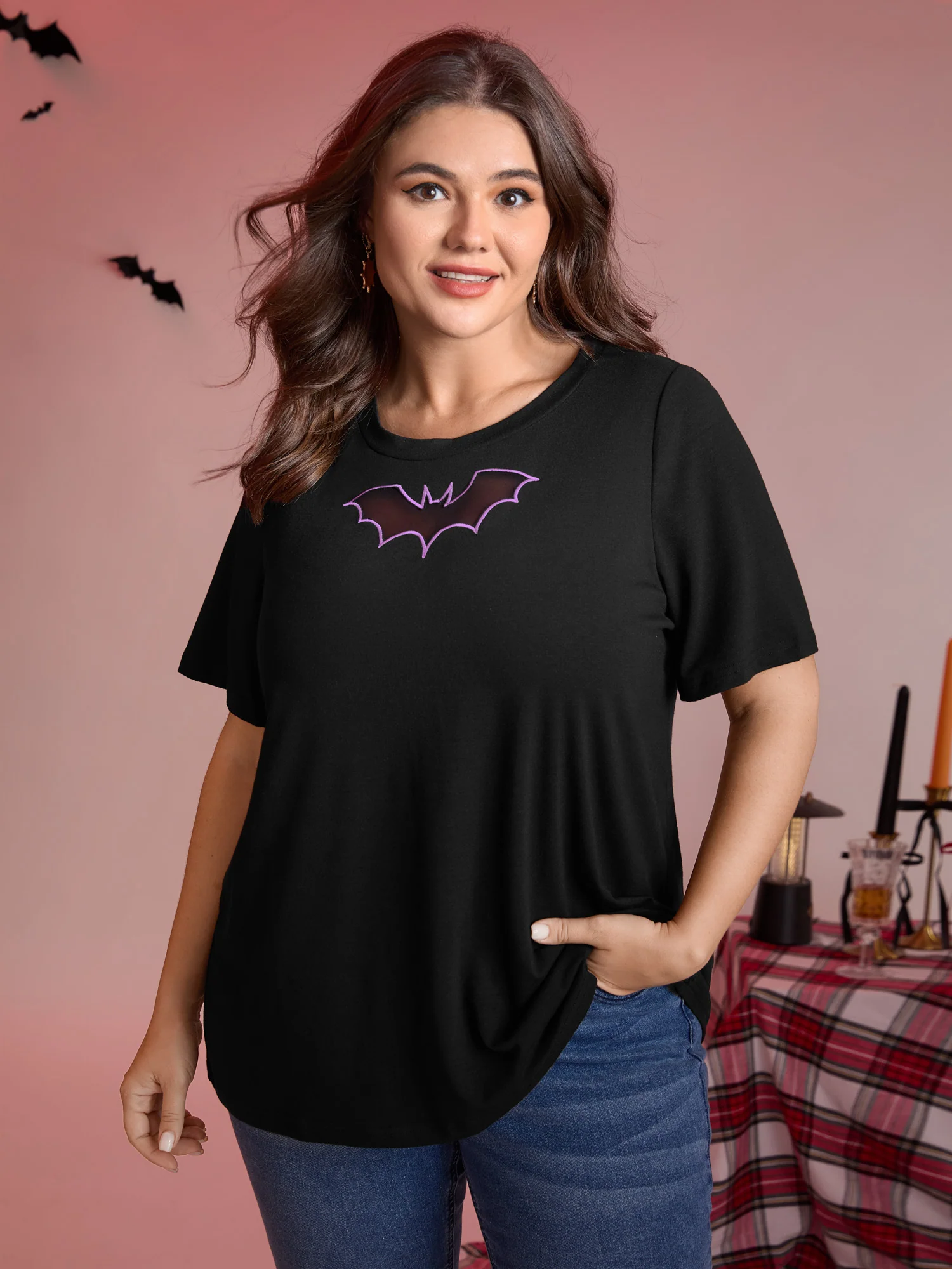 Bat Neck Cut-Out Stretchy Embroidered T-Shirt - Image 2