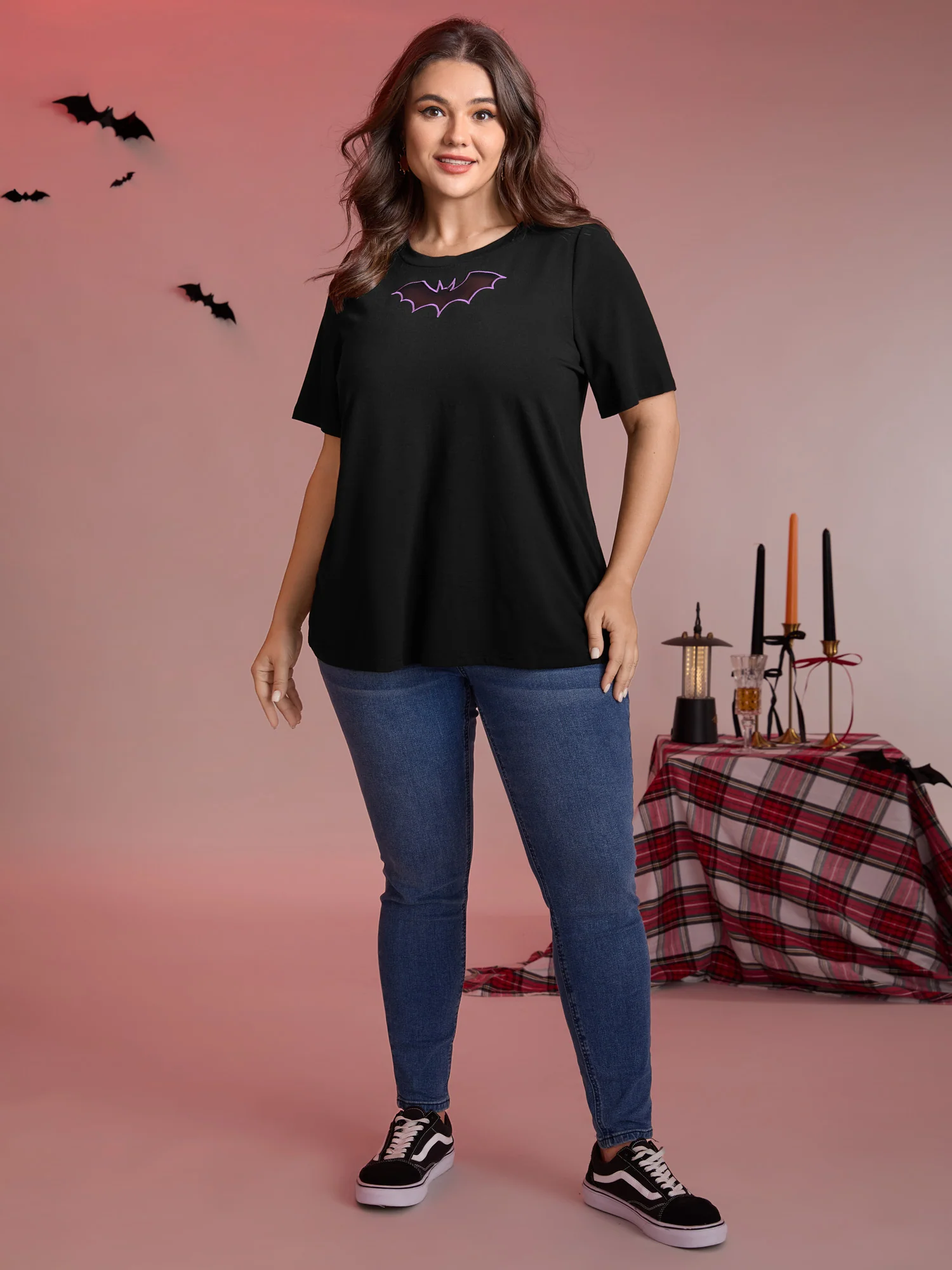 Bat Neck Cut-Out Stretchy Embroidered T-Shirt - Image 3