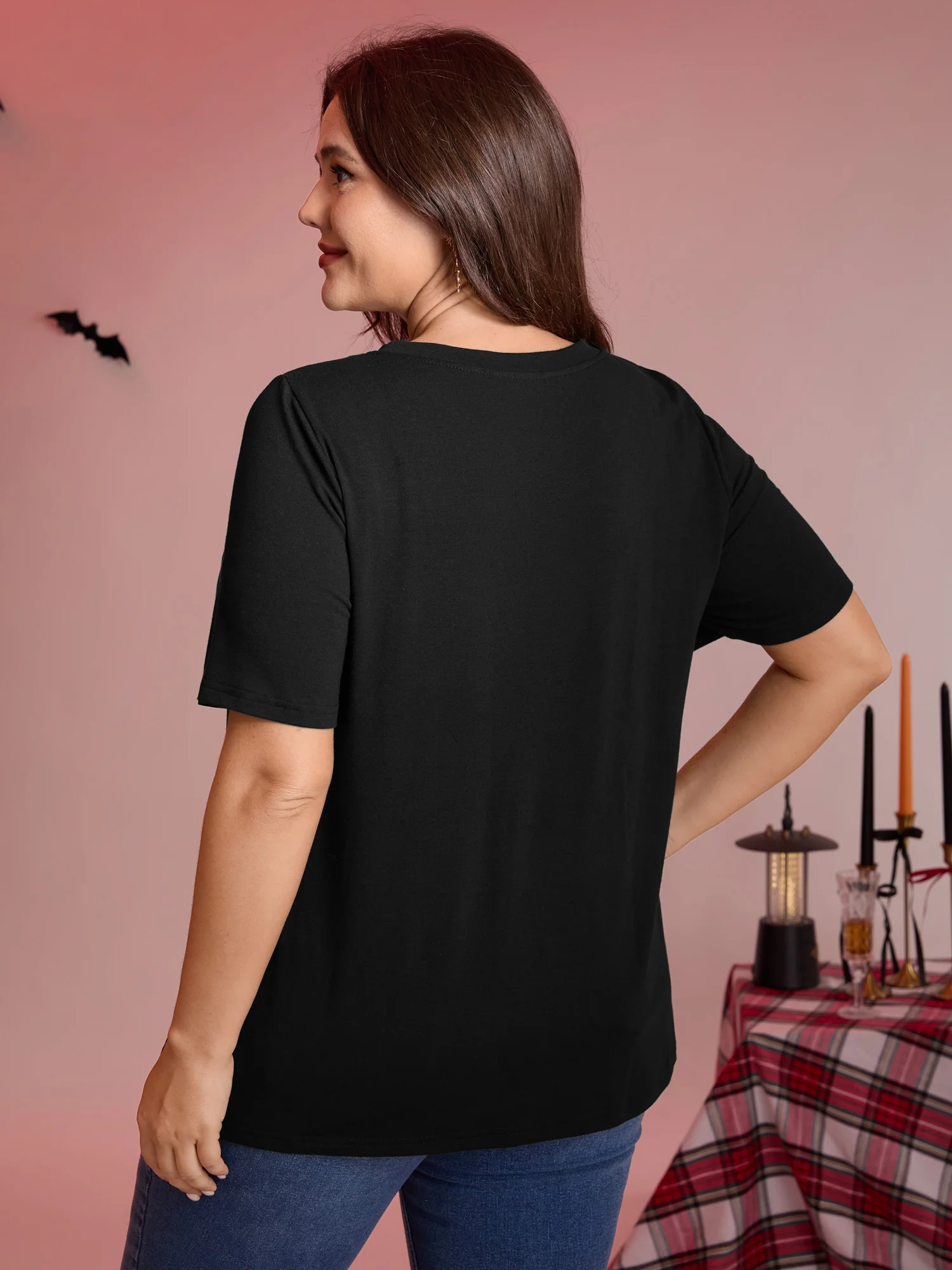 Bat Neck Cut-Out Stretchy Embroidered T-Shirt - Image 4