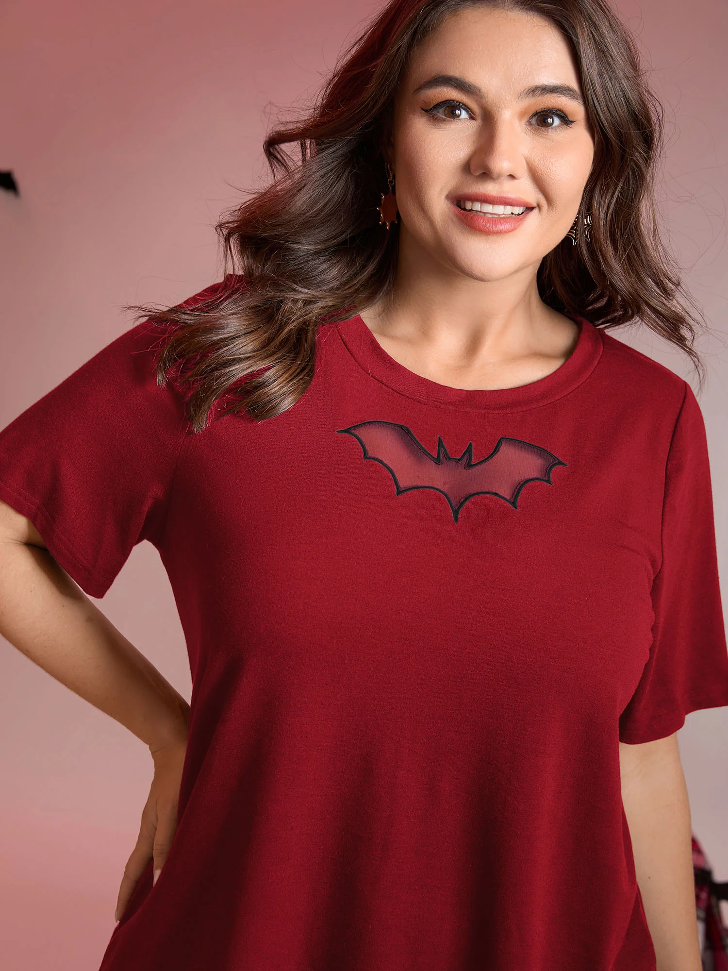 Bat Neck Cut-Out Stretchy Embroidered T-Shirt - Image 7