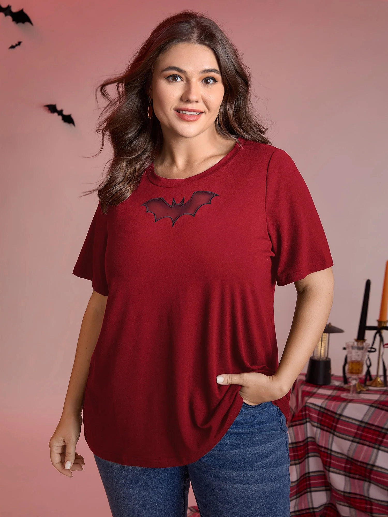 Bat Neck Cut-Out Stretchy Embroidered T-Shirt - Image 8