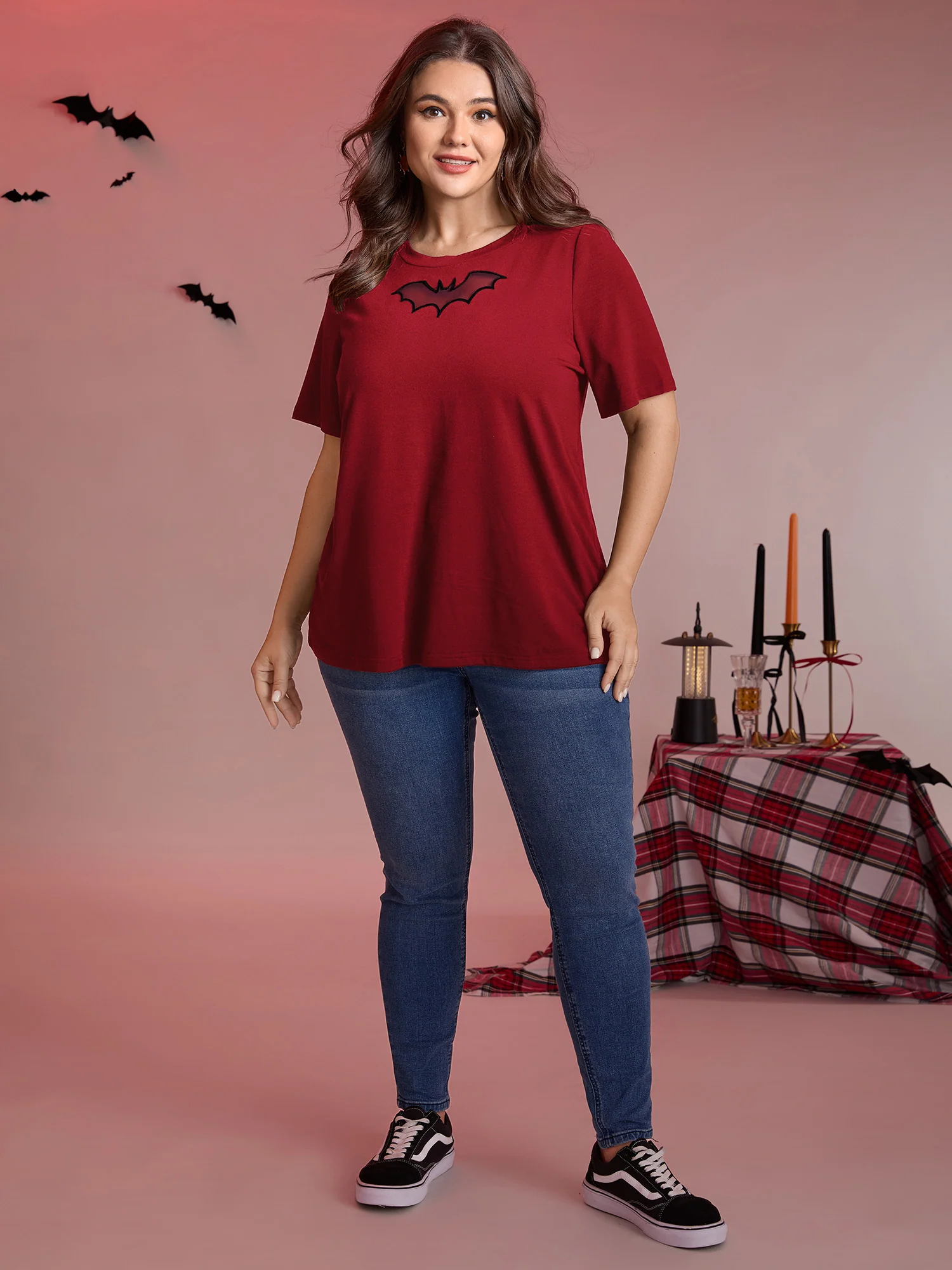 Bat Neck Cut-Out Stretchy Embroidered T-Shirt - Image 9