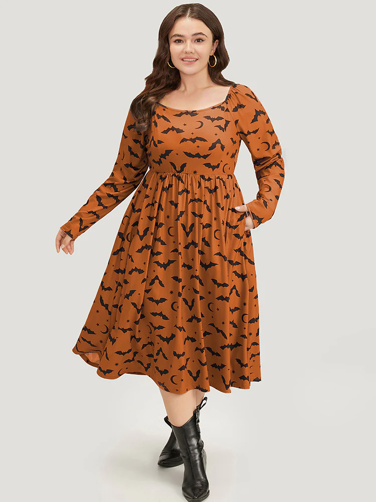 Halloween Bat Print Pocket Square Neck Dress - Image 2