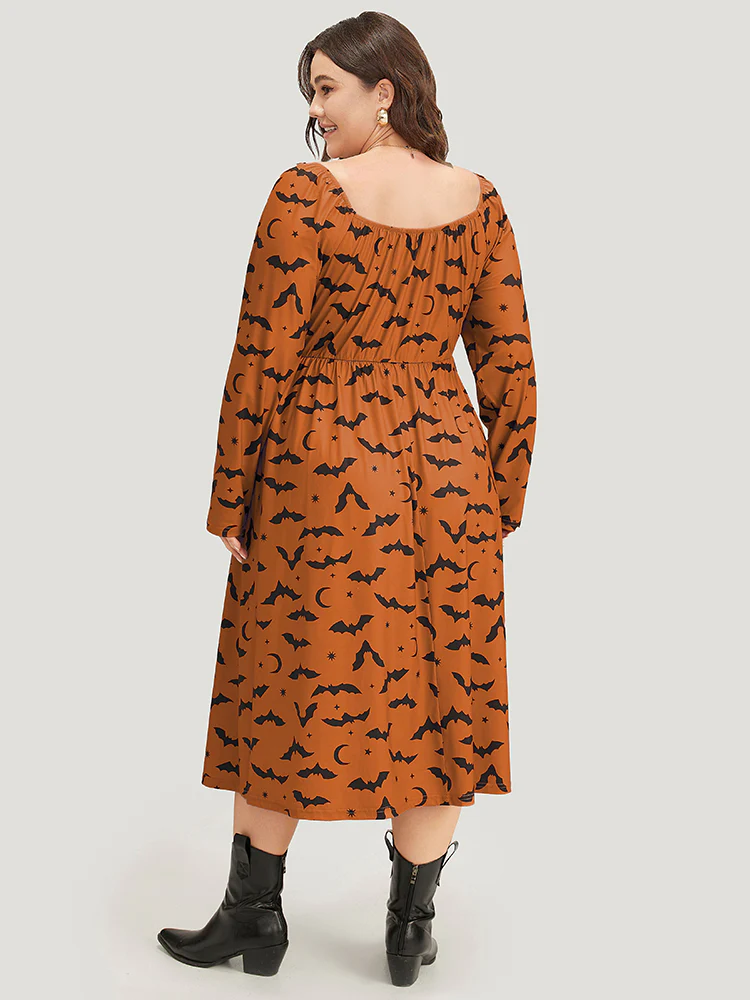 Halloween Bat Print Pocket Square Neck Dress - Image 3