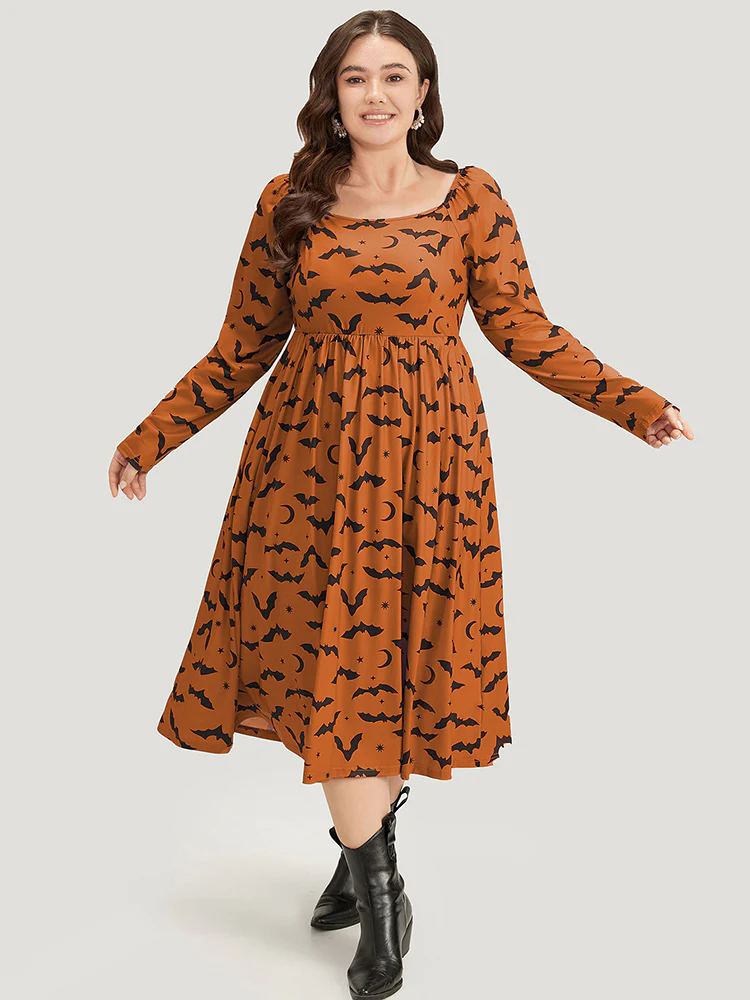 Halloween Bat Print Pocket Square Neck Dress - Image 4