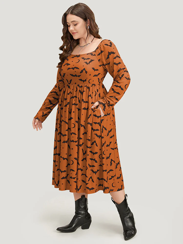Halloween Bat Print Pocket Square Neck Dress - Image 5