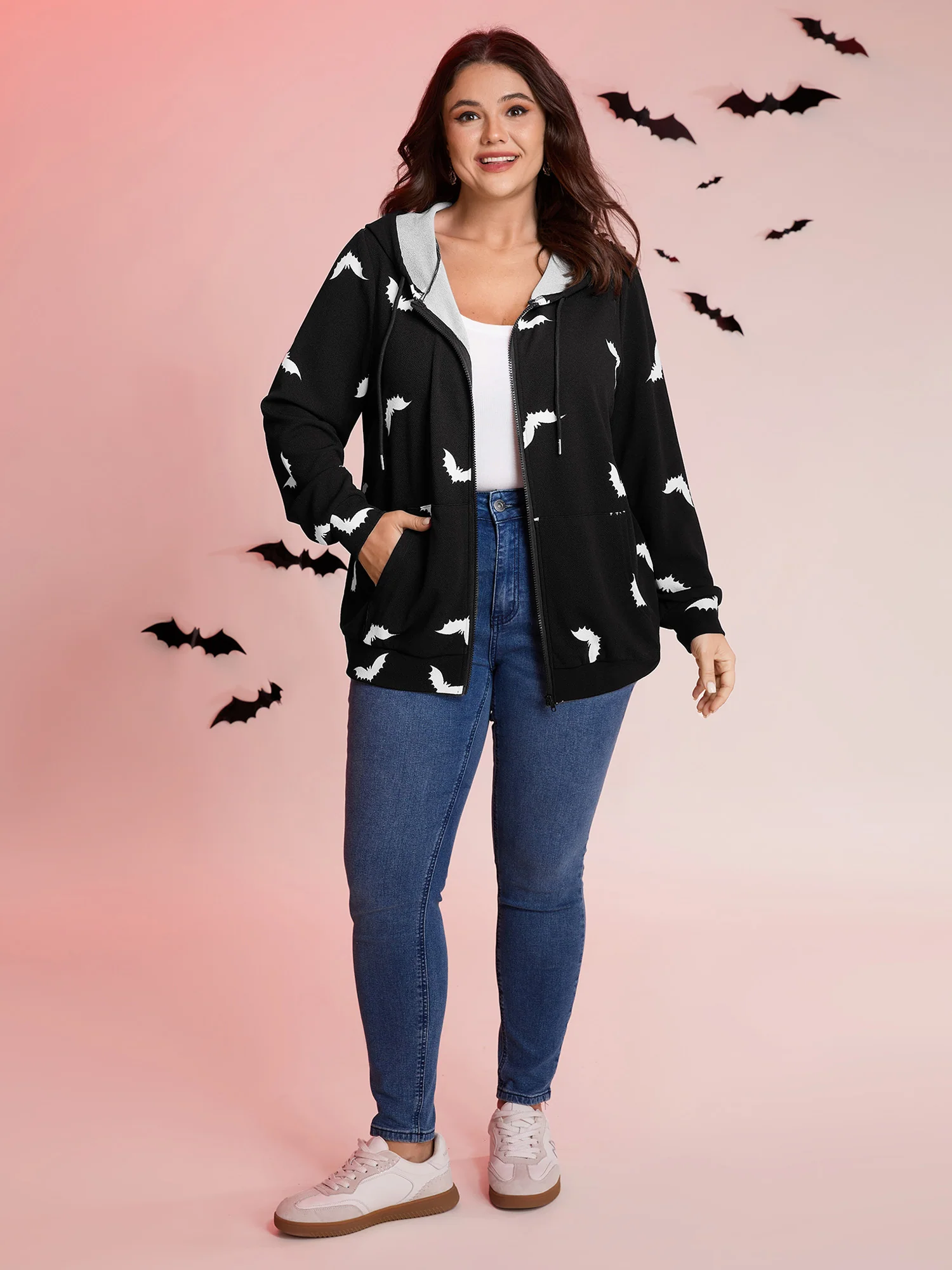 Bat Print Stretchy Textured Zipper Hoodie - Image 2