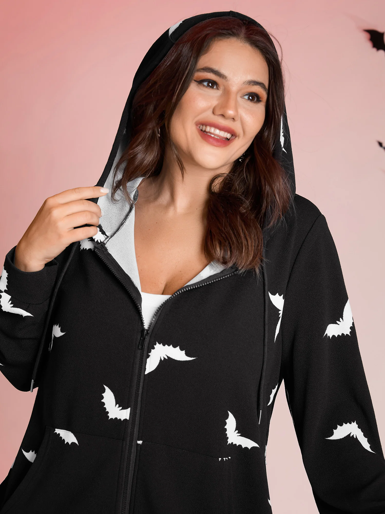 Bat Print Stretchy Textured Zipper Hoodie - Image 3