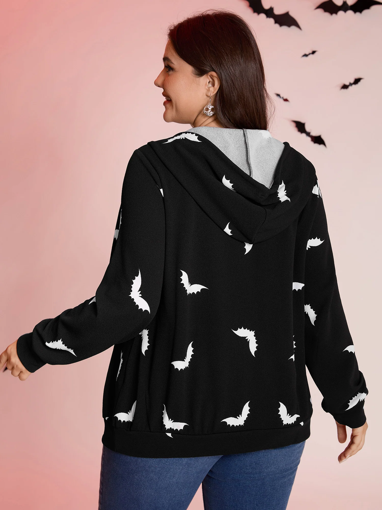Bat Print Stretchy Textured Zipper Hoodie - Image 4