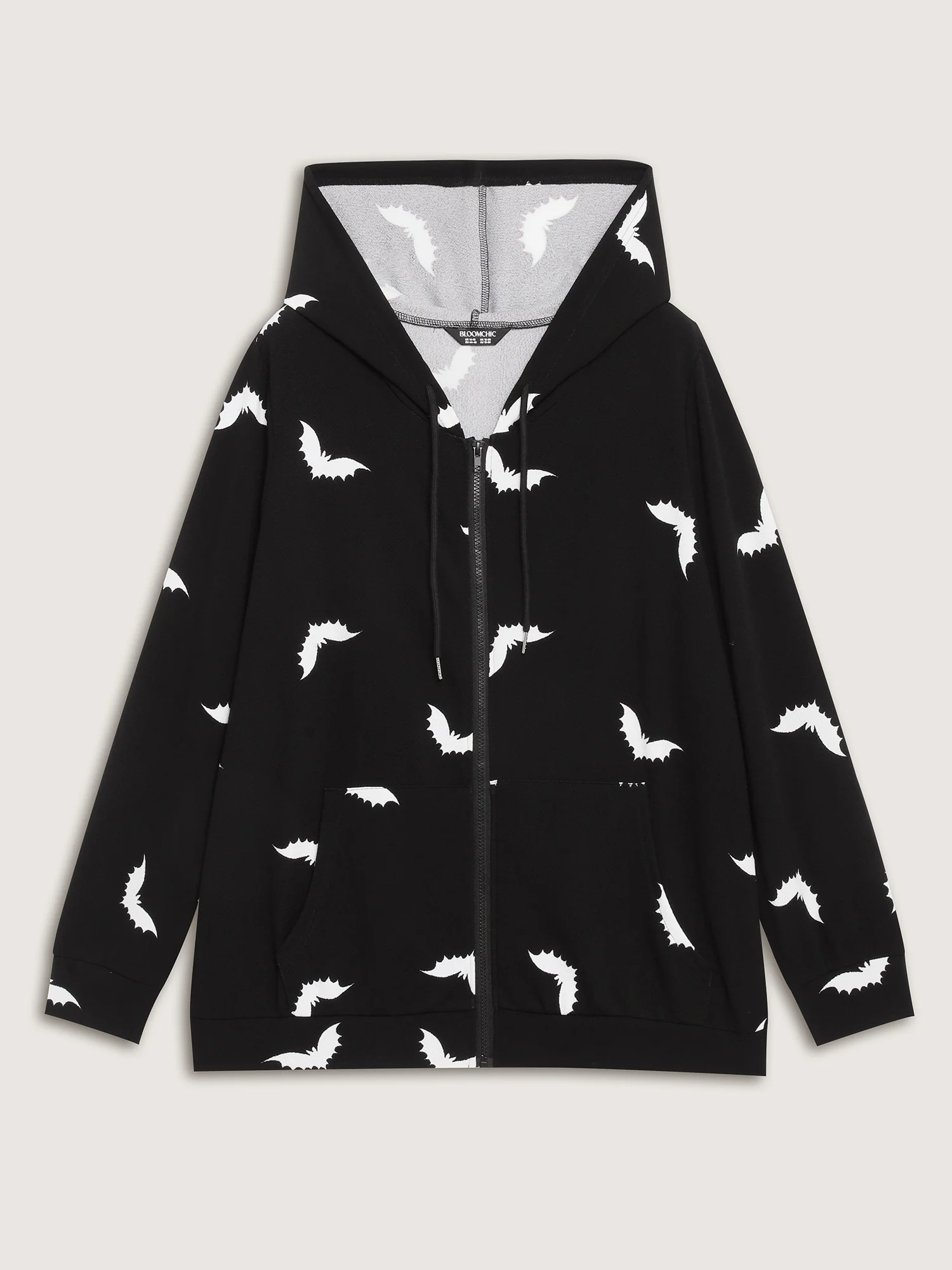 Bat Print Stretchy Textured Zipper Hoodie - Image 8