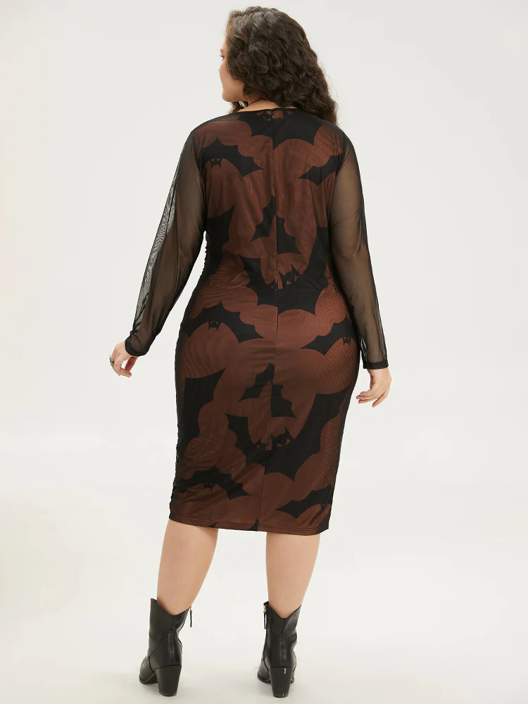 Halloween Bat V Neck Mesh Patchwork Dress - Image 3