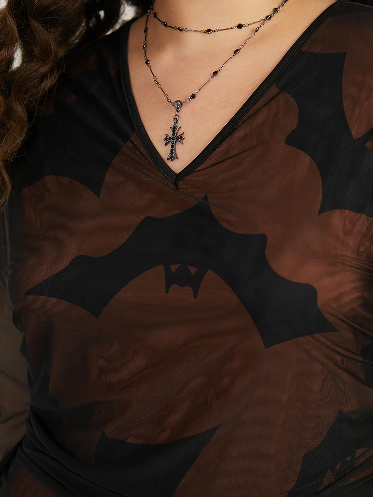 Halloween Bat V Neck Mesh Patchwork Dress - Image 6