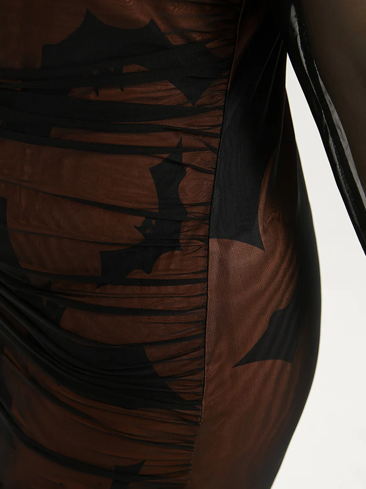 Halloween Bat V Neck Mesh Patchwork Dress - Image 7