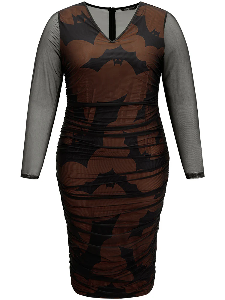 Halloween Bat V Neck Mesh Patchwork Dress - Image 9