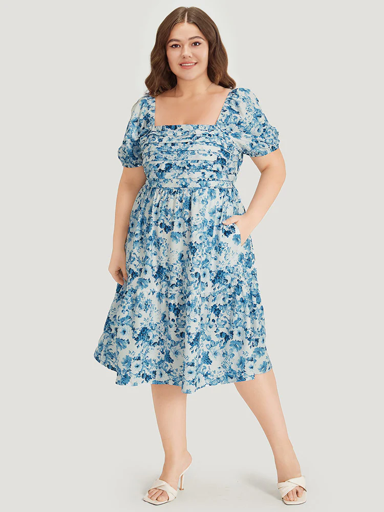 Batik Plicated Detail Square Neck Puff Sleeve Dress - Image 3