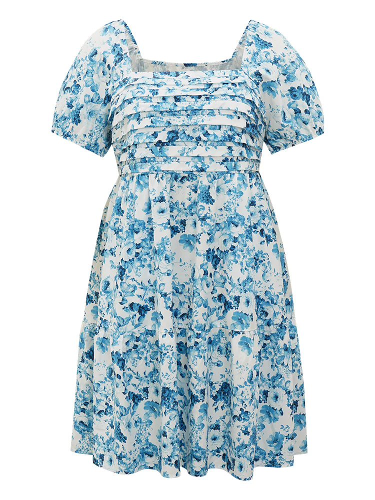 Batik Plicated Detail Square Neck Puff Sleeve Dress - Image 8