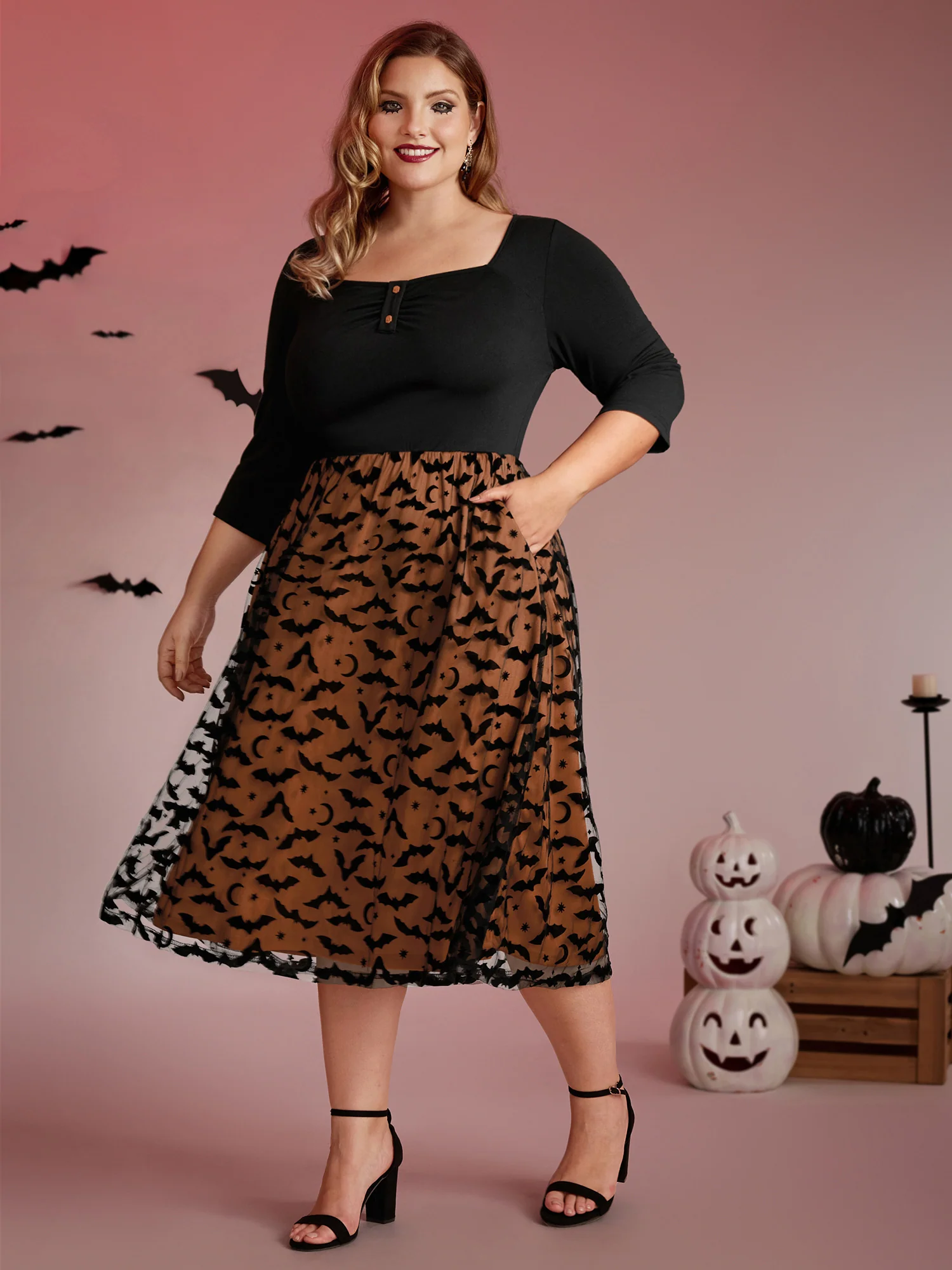 Bats Print Halloween Sheer Pockets Maxi Dress - Image 3
