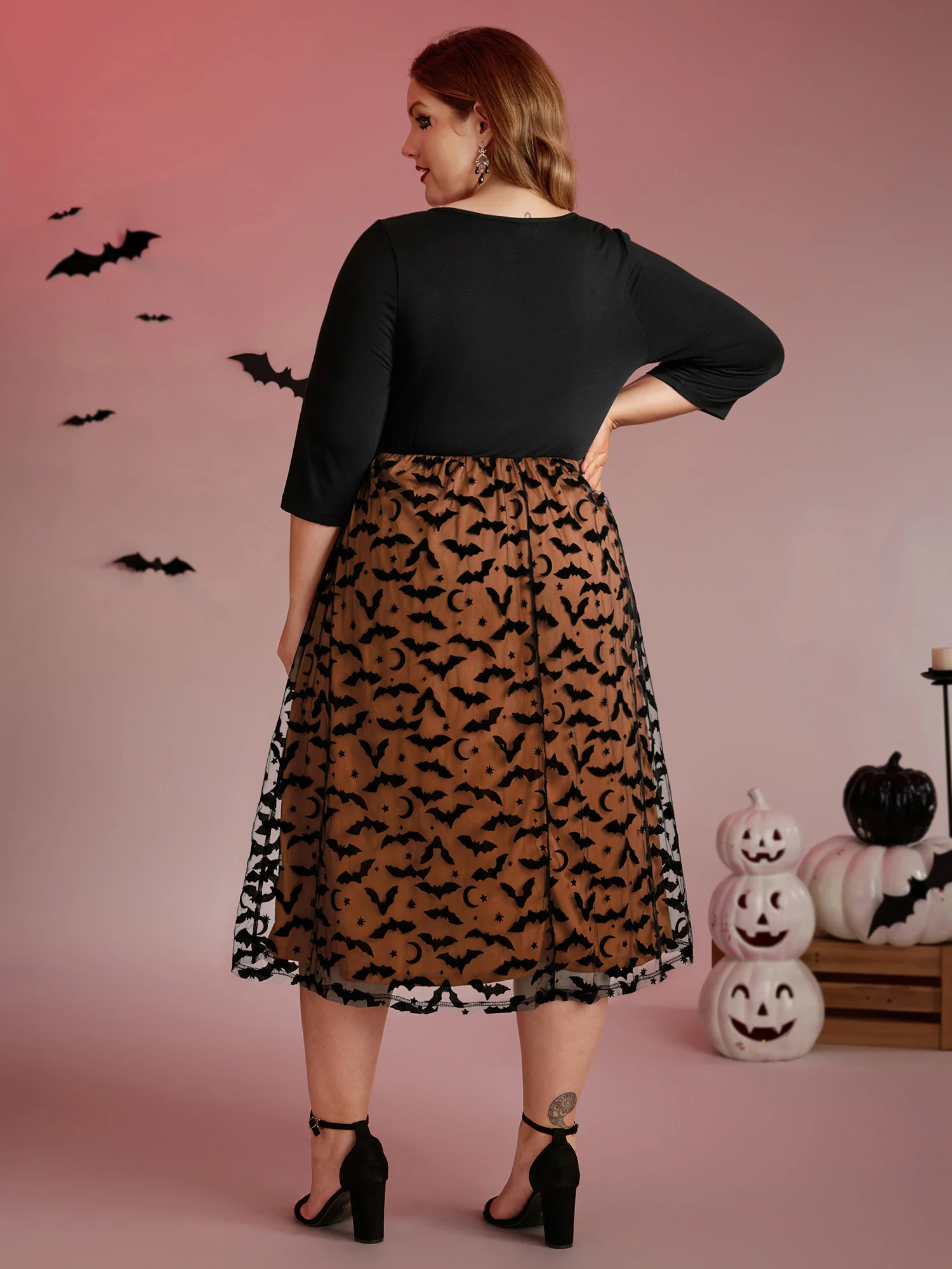 Bats Print Halloween Sheer Pockets Maxi Dress - Image 4
