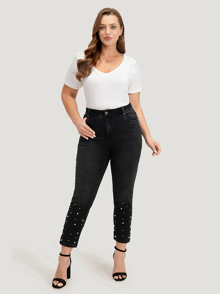Beaded Detail Pocket Very Stretchy Black Wash Jeans - Image 2