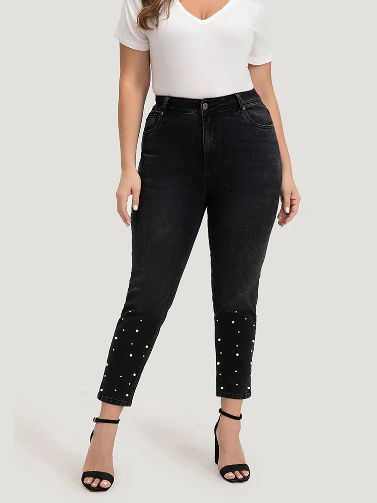 Beaded Detail Pocket Very Stretchy Black Wash Jeans - Image 3