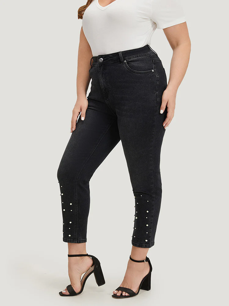 Beaded Detail Pocket Very Stretchy Black Wash Jeans - Image 4