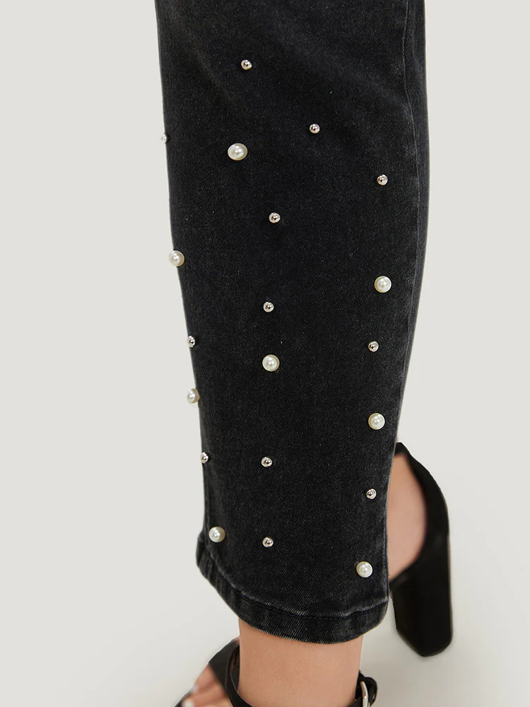 Beaded Detail Pocket Very Stretchy Black Wash Jeans - Image 6