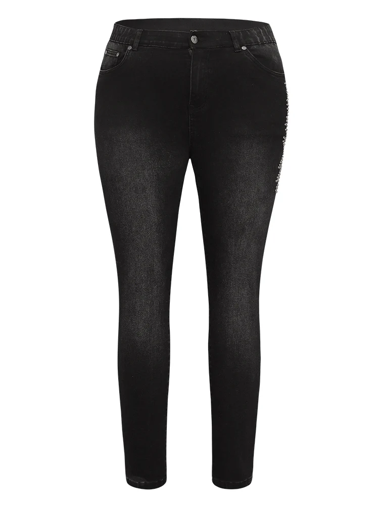 Beaded Detail Pocket Very Stretchy Black Wash Jeans - Image 11