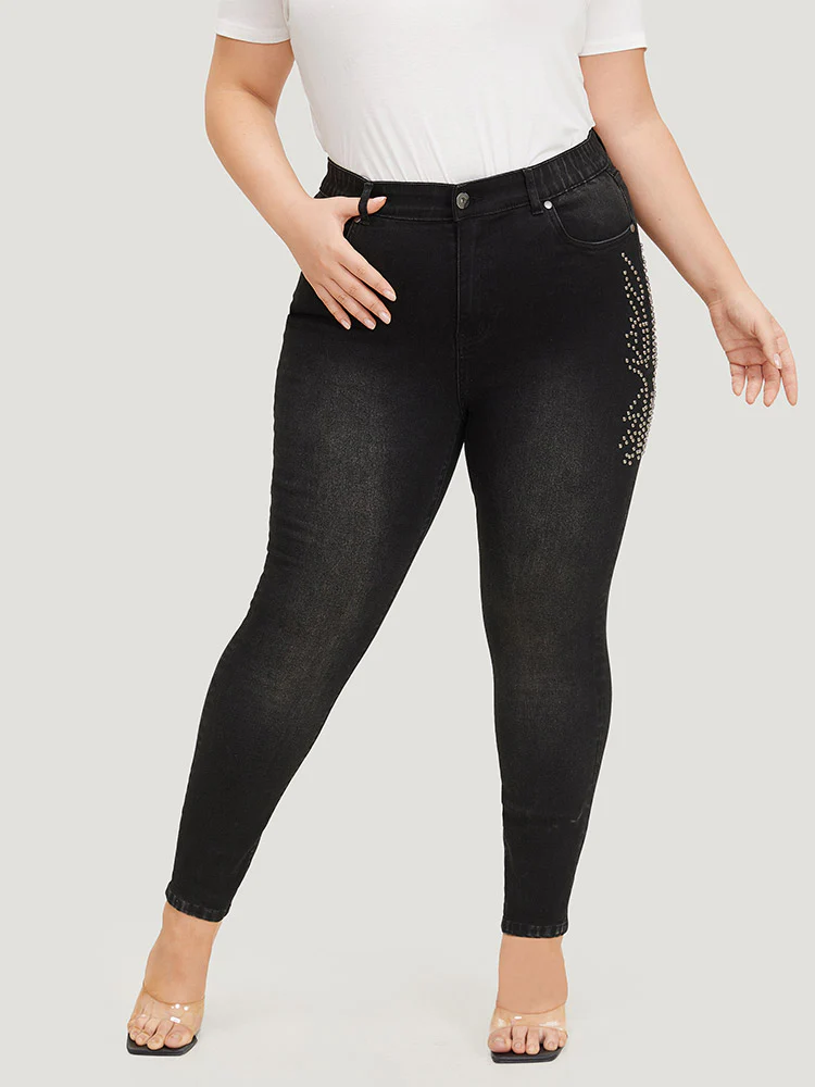 Beaded Detail Pocket Very Stretchy Black Wash Jeans - Image 2