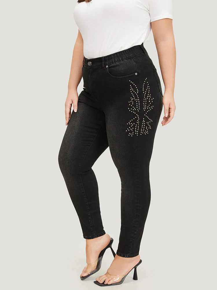 Beaded Detail Pocket Very Stretchy Black Wash Jeans - Image 3