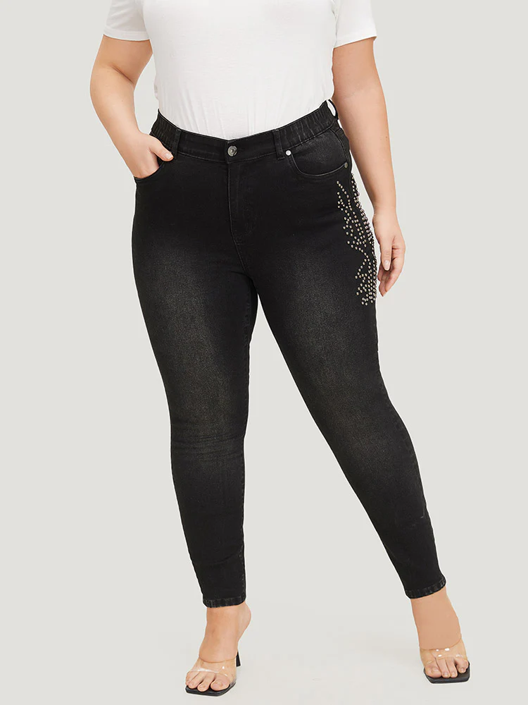 Beaded Detail Pocket Very Stretchy Black Wash Jeans - Image 5
