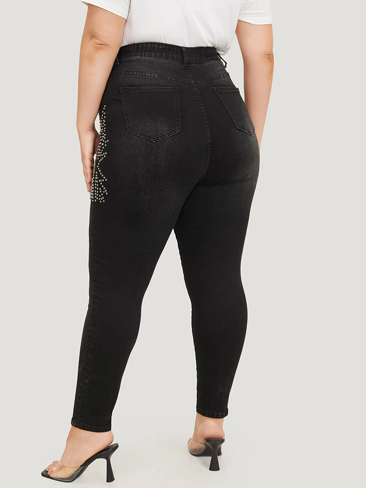 Beaded Detail Pocket Very Stretchy Black Wash Jeans - Image 7