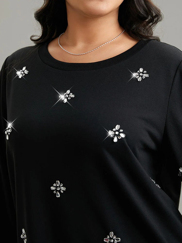 Beaded Floral Elastic Cuffs Sweatshirt - Image 2