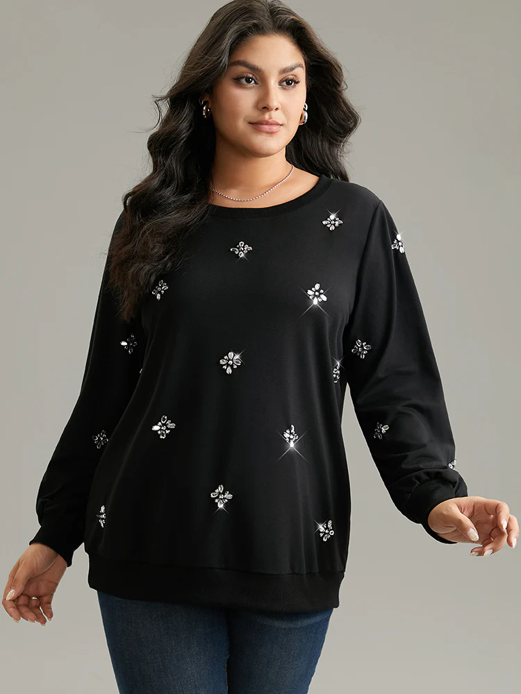 Beaded Floral Elastic Cuffs Sweatshirt - Image 3