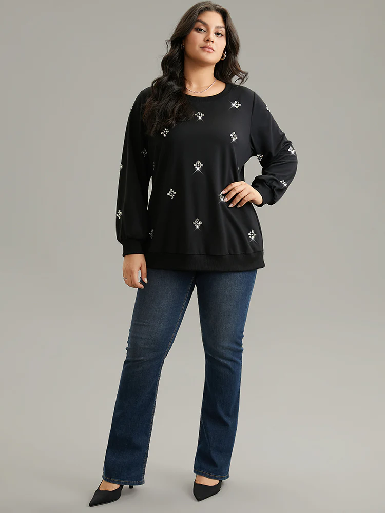 Beaded Floral Elastic Cuffs Sweatshirt - Image 4
