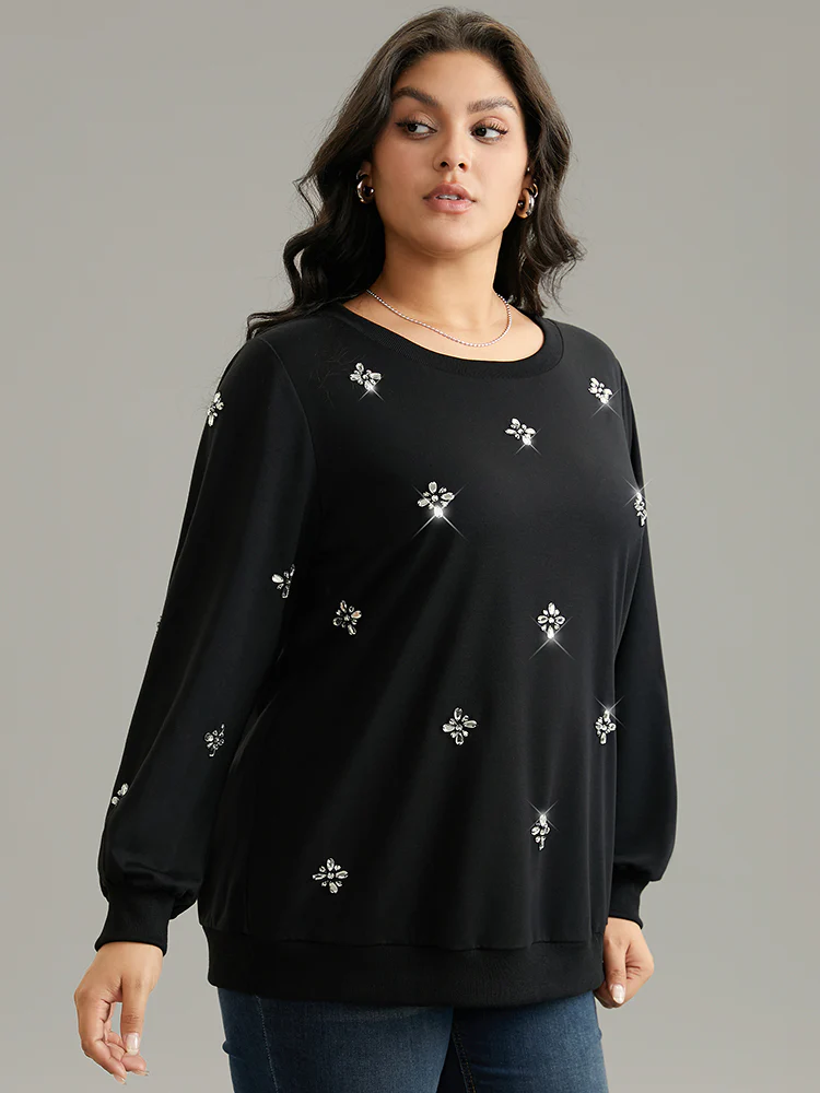 Beaded Floral Elastic Cuffs Sweatshirt - Image 5