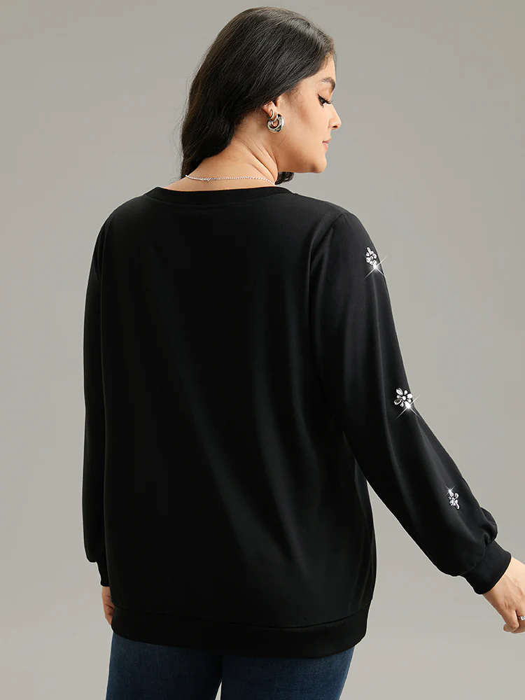 Beaded Floral Elastic Cuffs Sweatshirt - Image 6