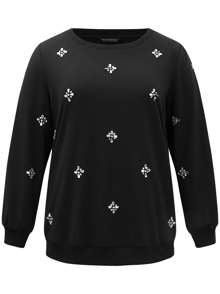 Beaded Floral Elastic Cuffs Sweatshirt - Image 7