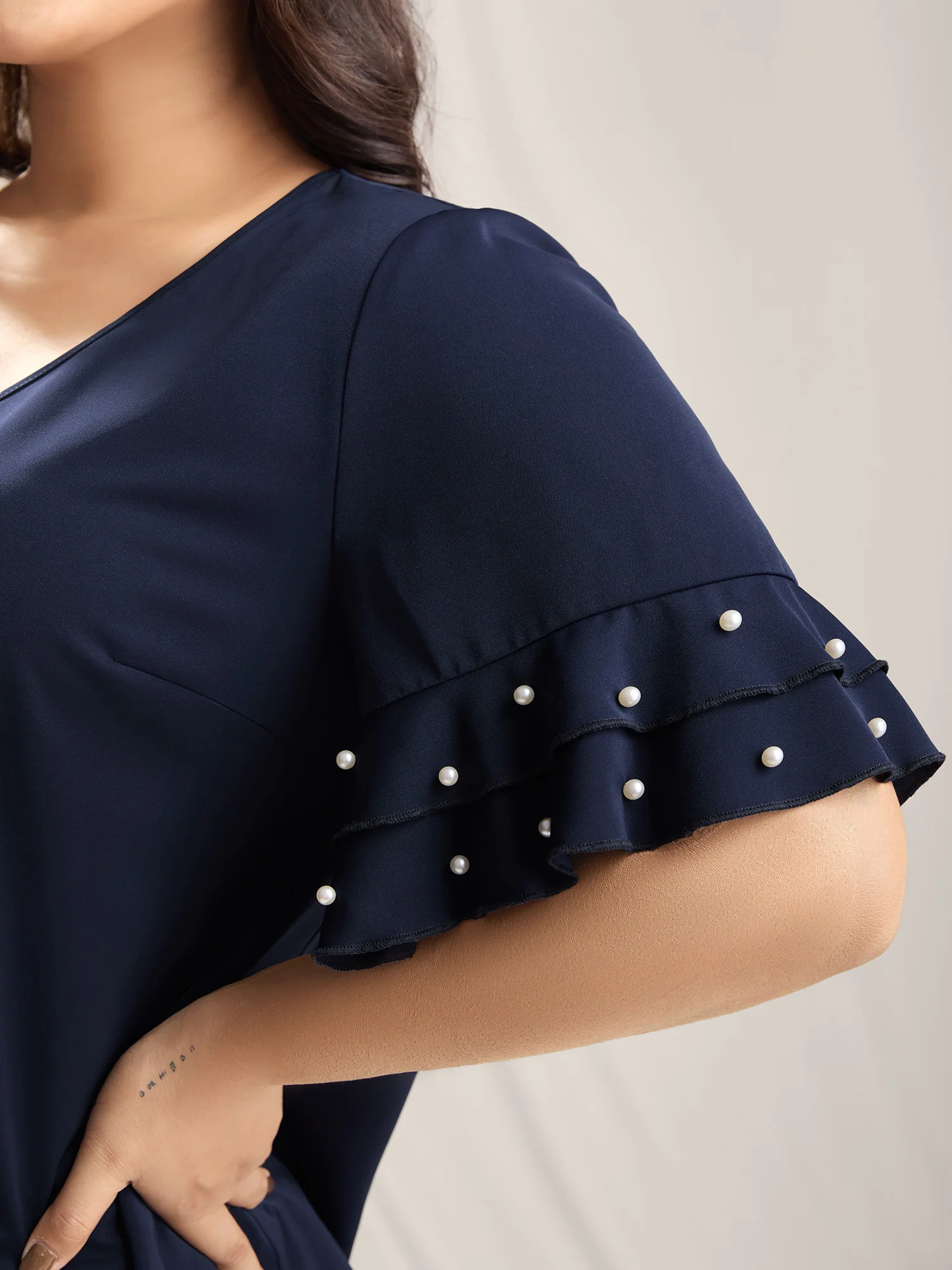 Beaded Layered Sleeve Plain Blouse - Image 2