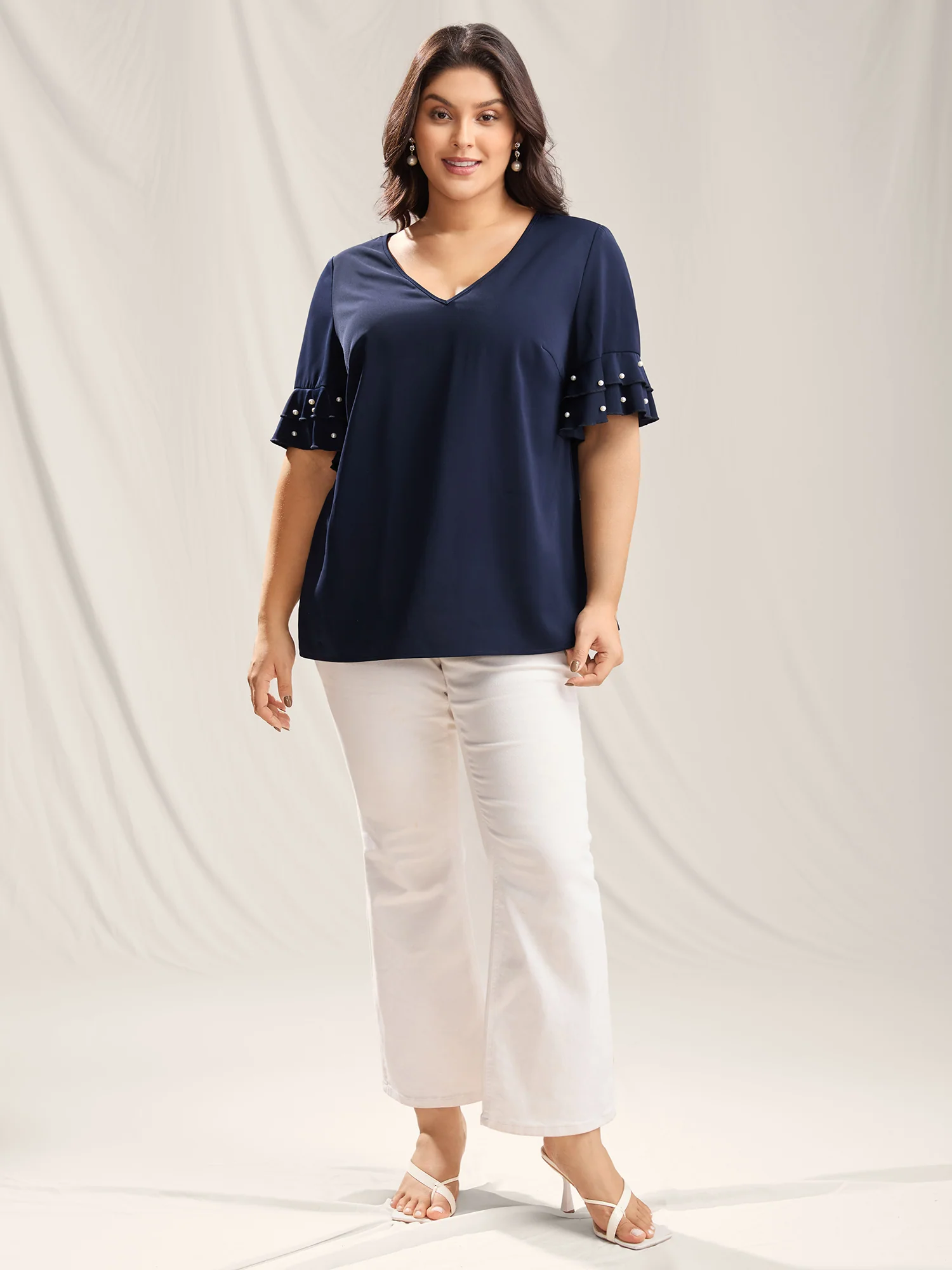Beaded Layered Sleeve Plain Blouse - Image 3