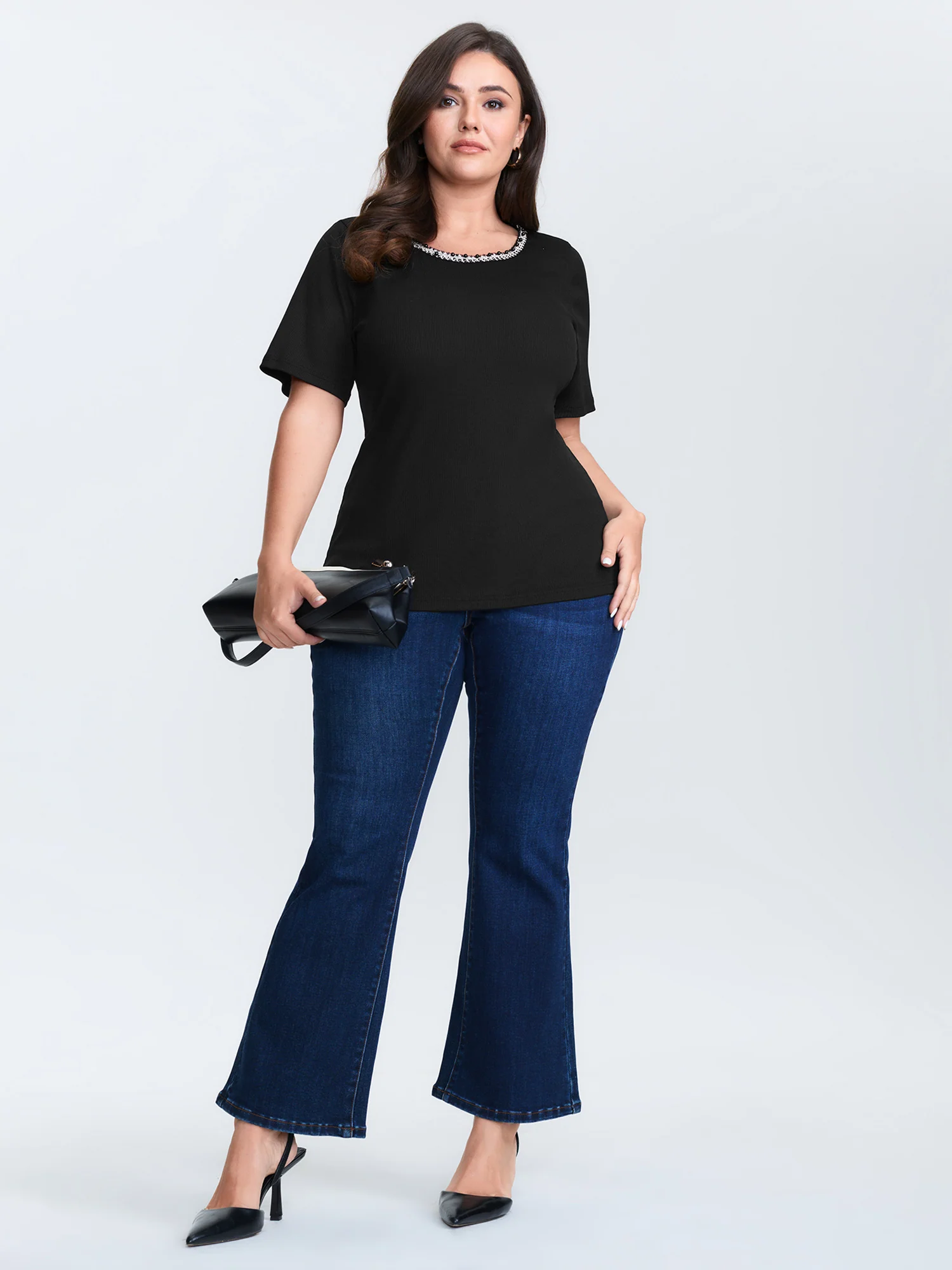 Beaded Neckline Stretchy Plain T-Shirt - Image 3