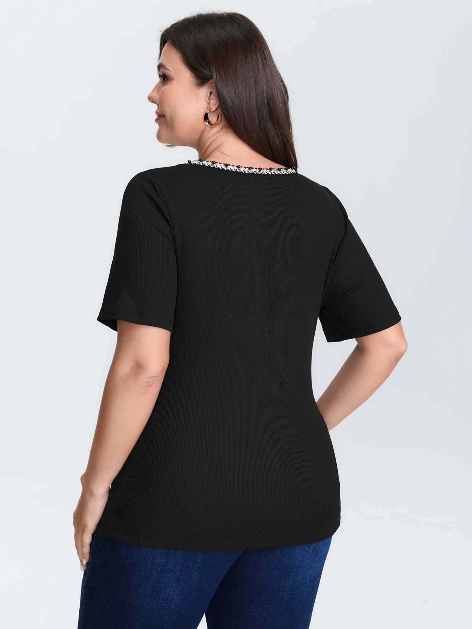 Beaded Neckline Stretchy Plain T-Shirt - Image 6