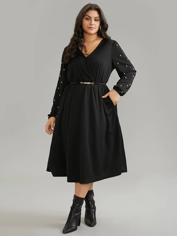 Beaded Overlap Collar Pocket Elastic Waist Dress - Image 2