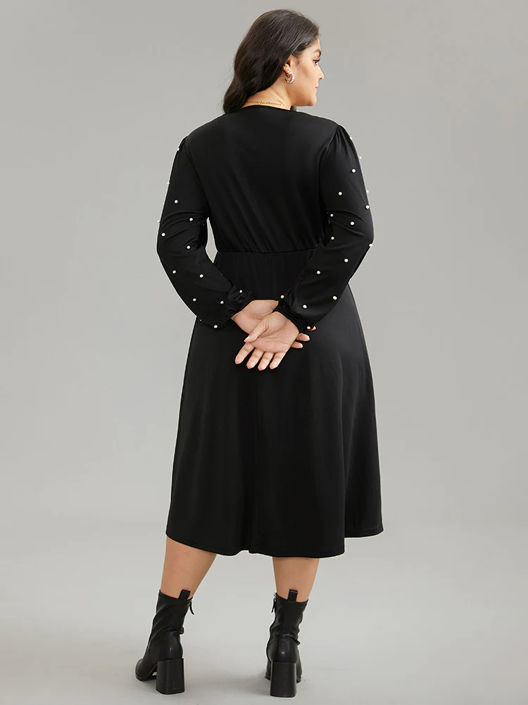 Beaded Overlap Collar Pocket Elastic Waist Dress - Image 3