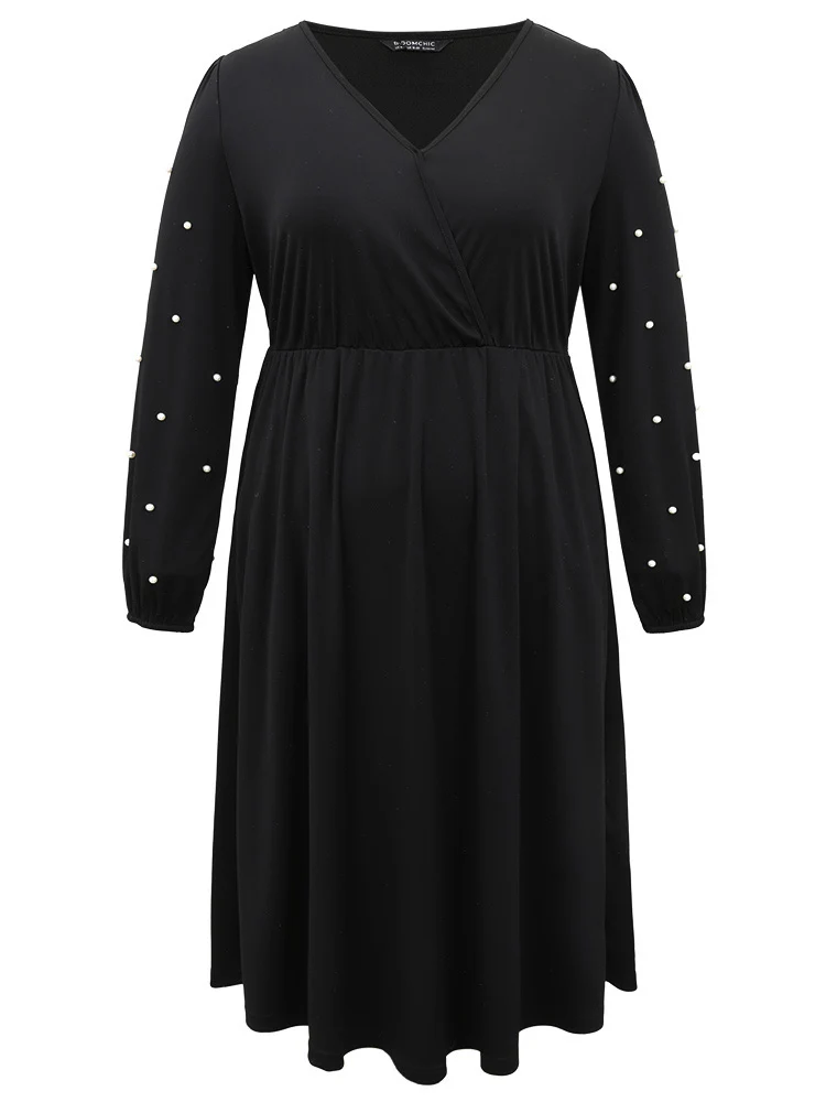 Beaded Overlap Collar Pocket Elastic Waist Dress - Image 5