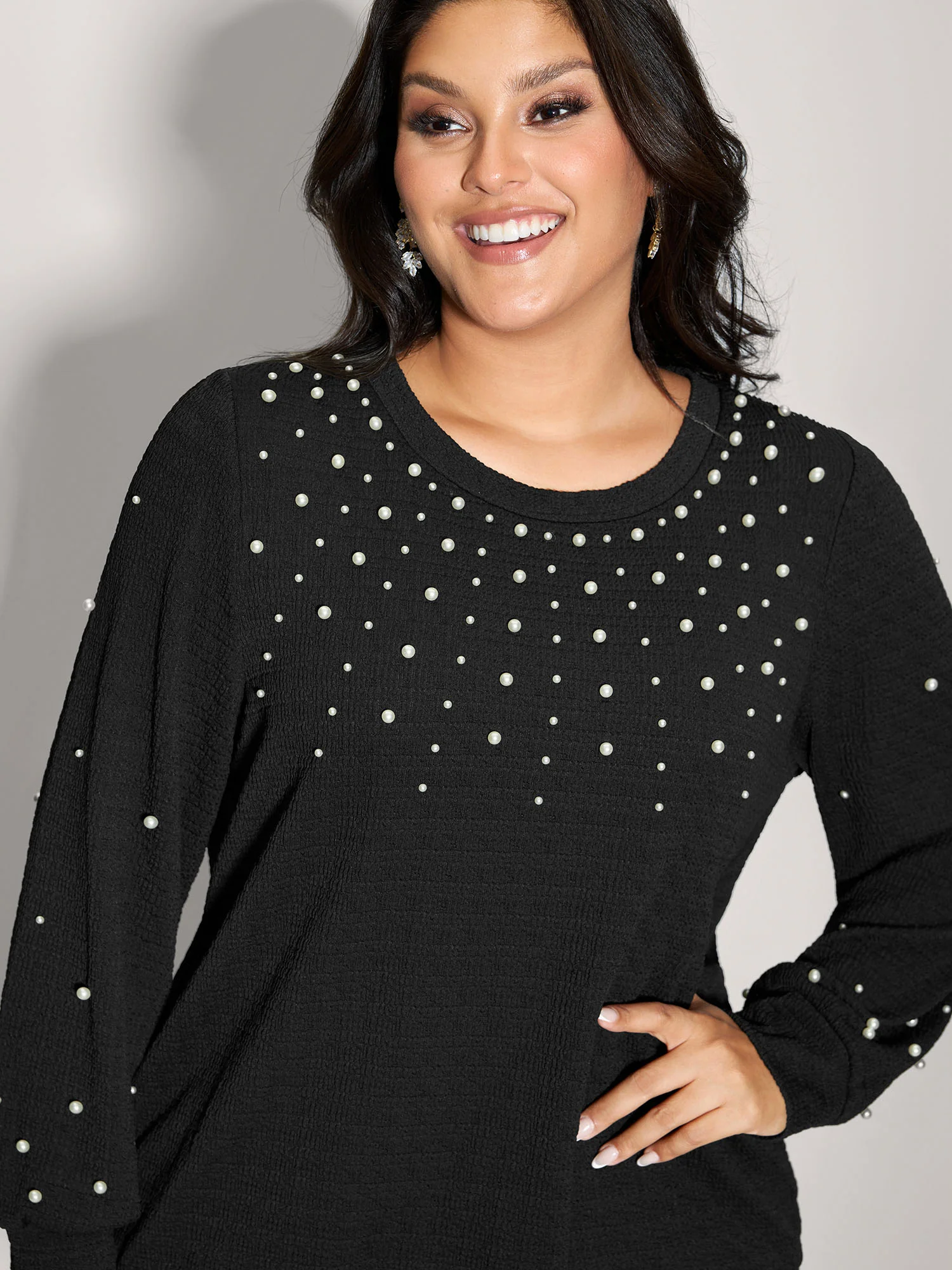 Beaded Round Neck Solid Sweatshirt - Image 2