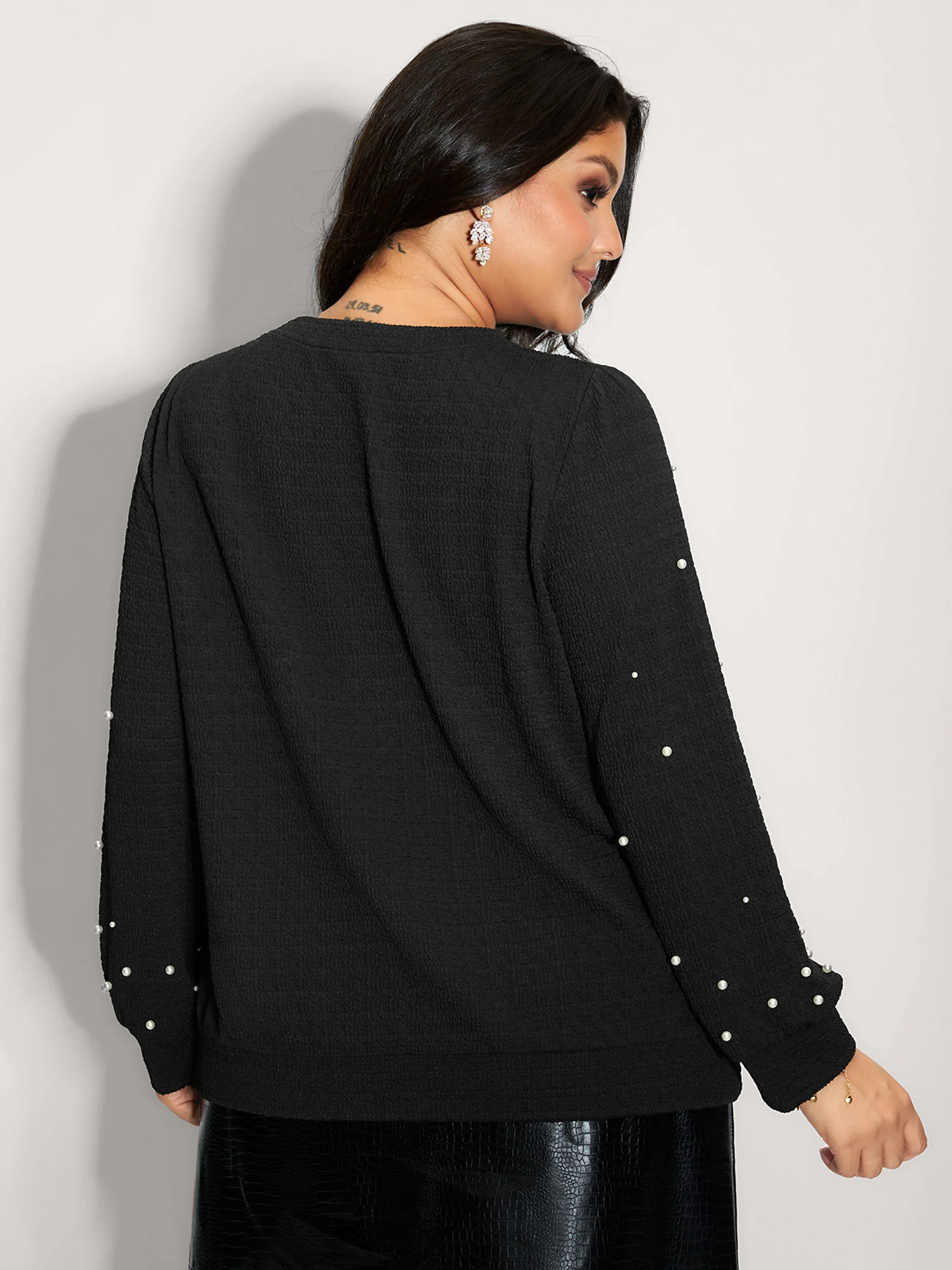 Beaded Round Neck Solid Sweatshirt - Image 5