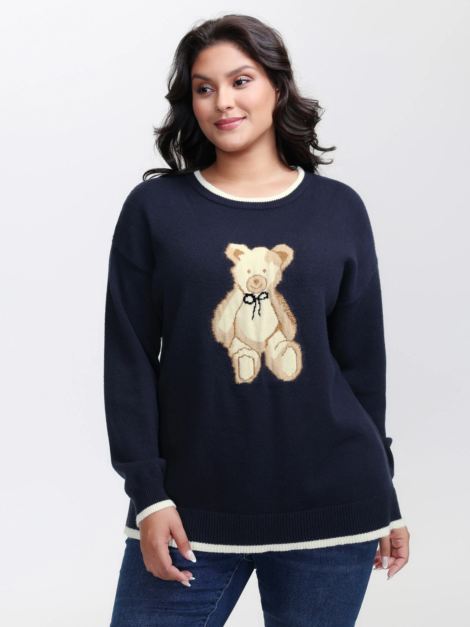 Bear Motif Jacquard Color Contrast Pullover - Image 2