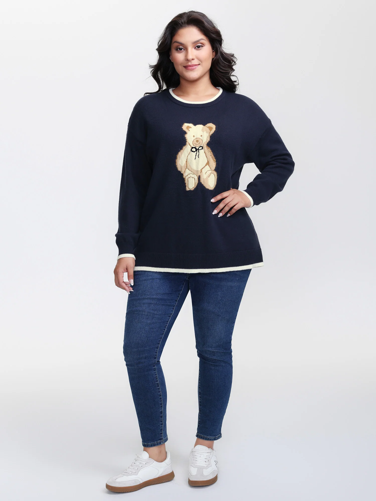 Bear Motif Jacquard Color Contrast Pullover - Image 3