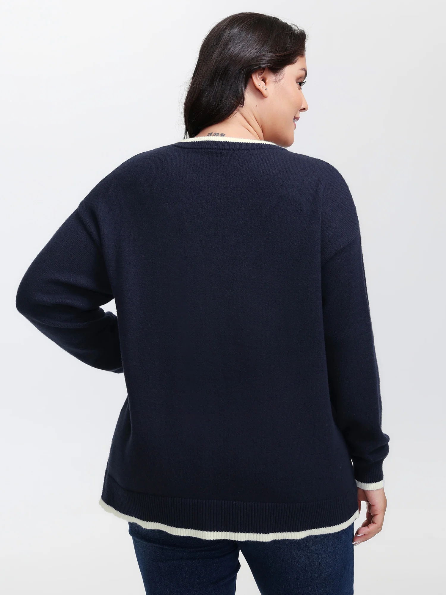 Bear Motif Jacquard Color Contrast Pullover - Image 4